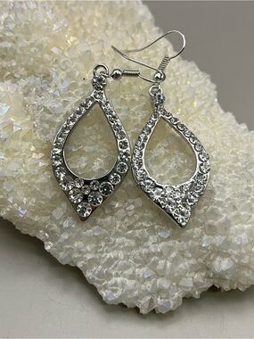 Silver Tone Rhinestone Teardrop Dangle Earrings | Bridal Wedding Prom Statement